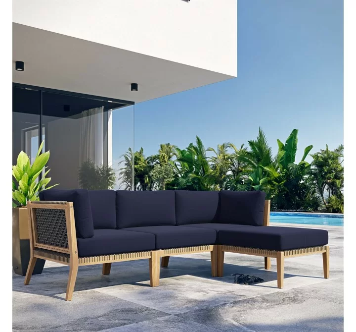 Modway Clearwater Outdoor Patio Teak Wood 4-Piece Sectional Sofa in Gray Navy - Lifestyle