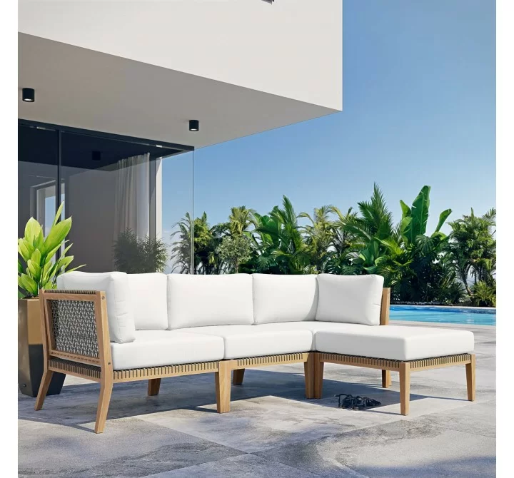 Modway Clearwater Outdoor Patio Teak Wood 4-Piece Sectional Sofa - Gray White - Lifestyle