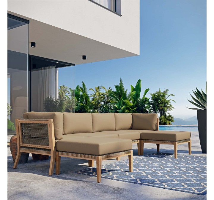 Modway Clearwater Outdoor Patio Teak Wood 6-Piece Sectional Sofa - Light Brown - Lifestyle