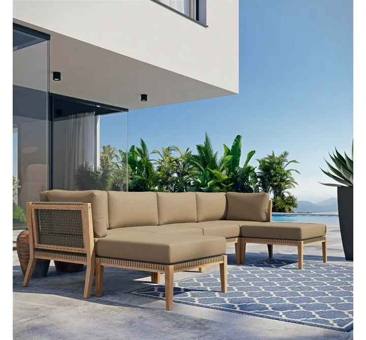 Modway Clearwater Outdoor Patio Teak Wood 6-Piece Sectional Sofa - Light Brown - Lifestyle