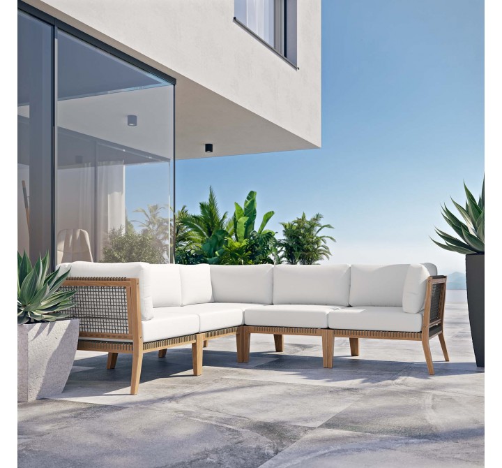 Modway Clearwater Outdoor Patio Teak Wood 5-Piece Sectional Sofa in Gray White - Lifestyle