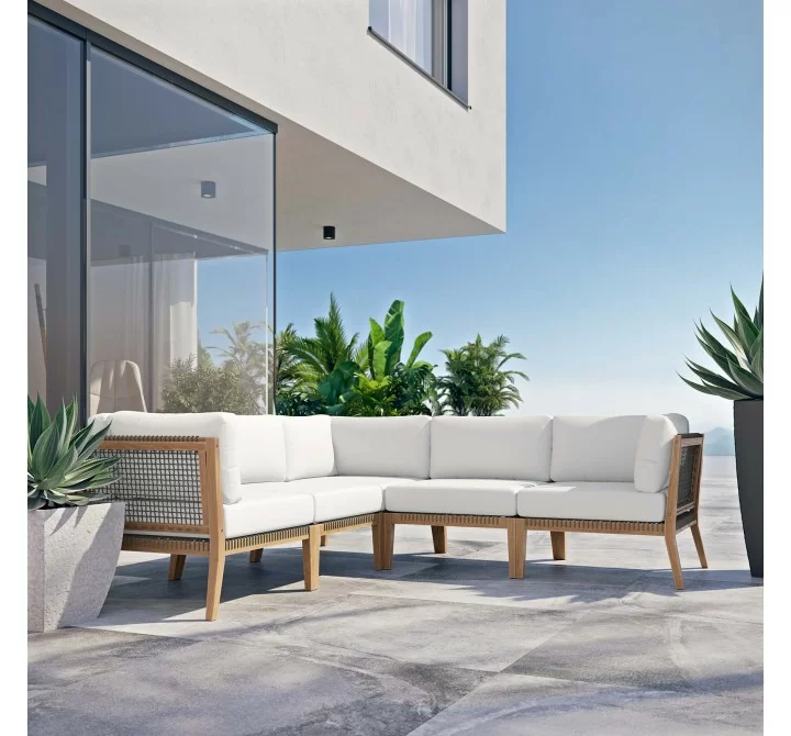 Modway Clearwater Outdoor Patio Teak Wood 5-Piece Sectional Sofa in Gray White - Lifestyle