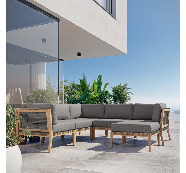 Modway Clearwater Outdoor Patio Teak Wood 6-Piece Sectional Sofa - Gray Graphite - Lifestyle