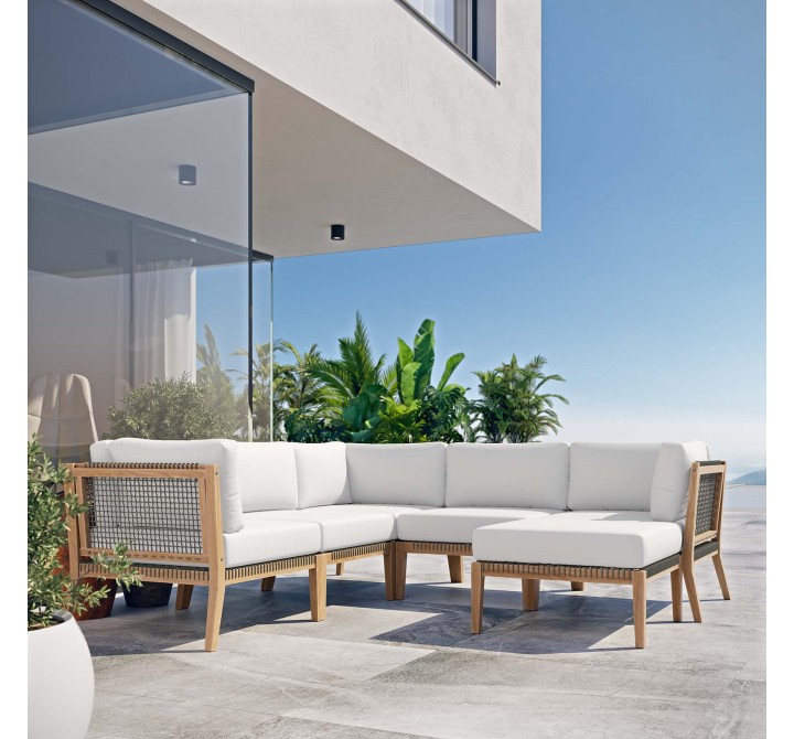 Modway Clearwater Outdoor Patio Teak Wood 6-Piece Sectional Sofa - Gray White - Lifestyle