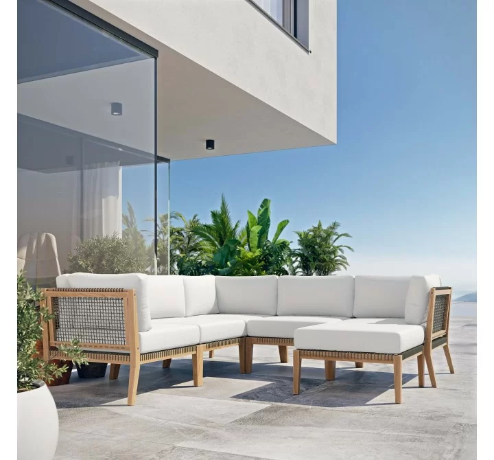 Modway Clearwater Outdoor Patio Teak Wood 6-Piece Sectional Sofa - Gray White - Lifestyle