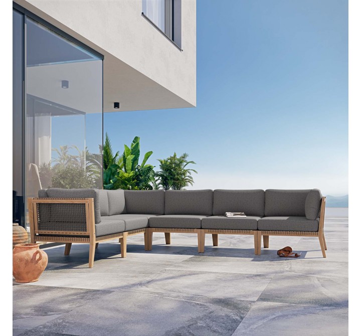 Modway Clearwater Outdoor Patio Teak Wood 6-Piece Sectional Sofa - Gray Graphite - Lifestyle