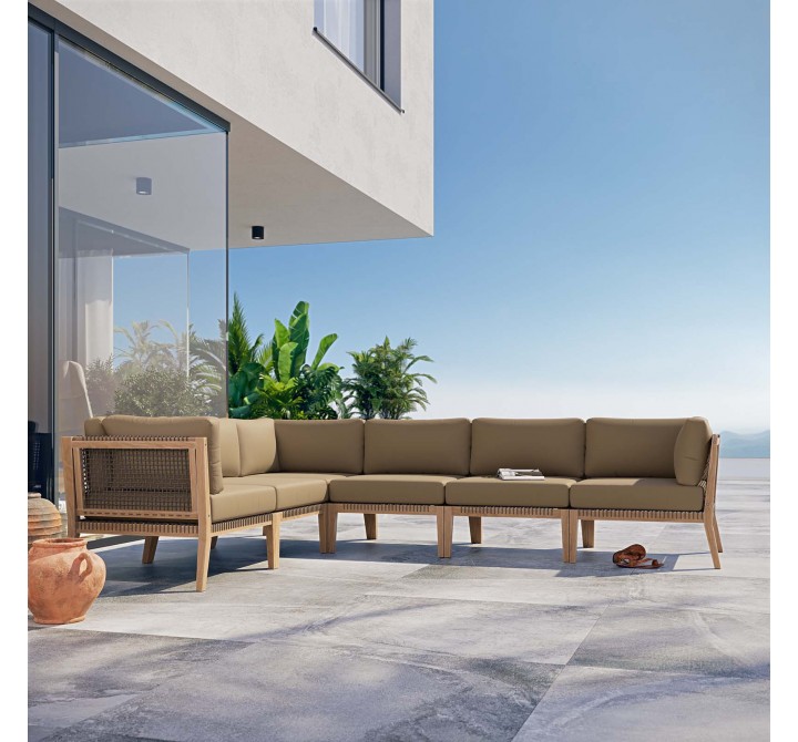 Modway Clearwater Outdoor Patio Teak Wood 6-Piece Sectional Sofa - Gray Light Brown - Lifestyle