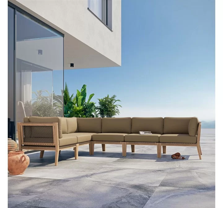 Modway Clearwater Outdoor Patio Teak Wood 6-Piece Sectional Sofa - Gray Light Brown - Lifestyle