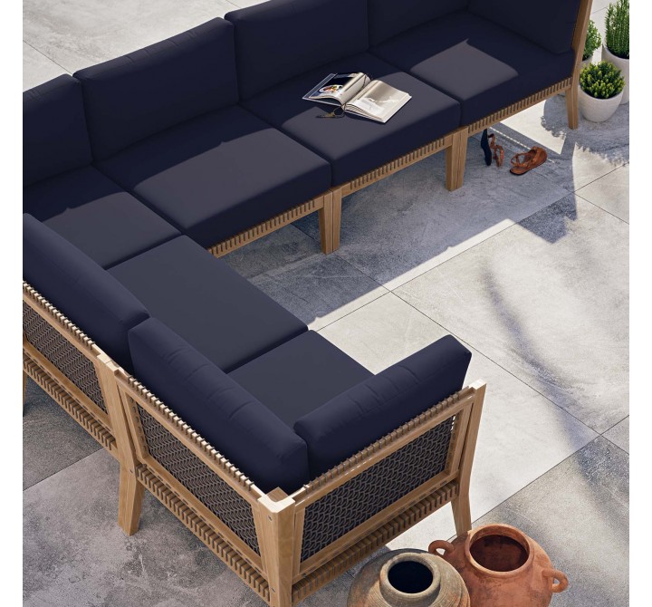Modway Clearwater Outdoor Patio Teak Wood 6-Piece Sectional Sofa - Gray Navy - Lifestyle