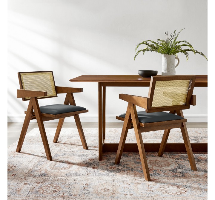 Modway Thera Vegan Leather Cane Dining Armchairs Set of 2
