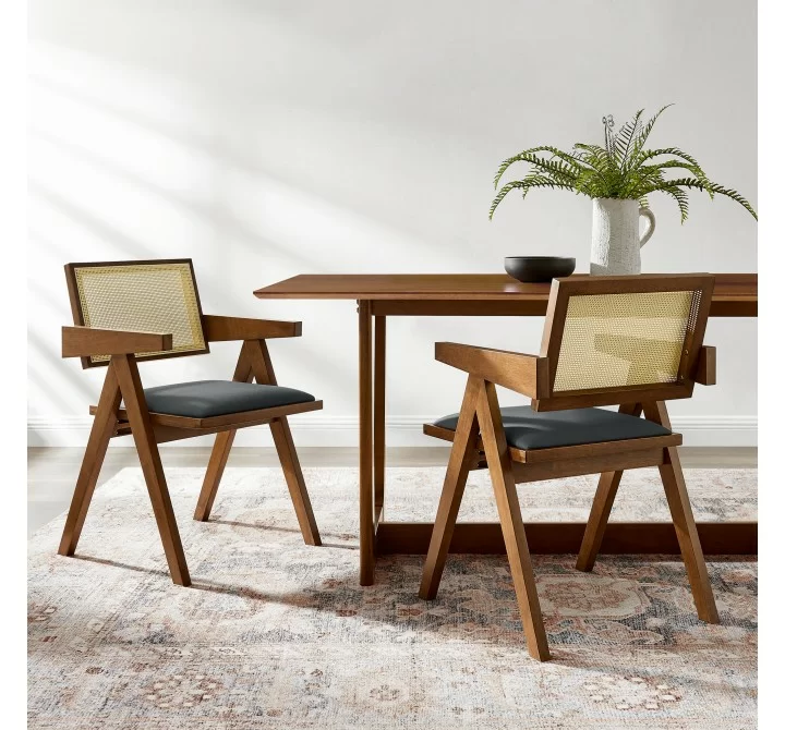 Modway Thera Vegan Leather Cane Dining Armchairs Set of 2