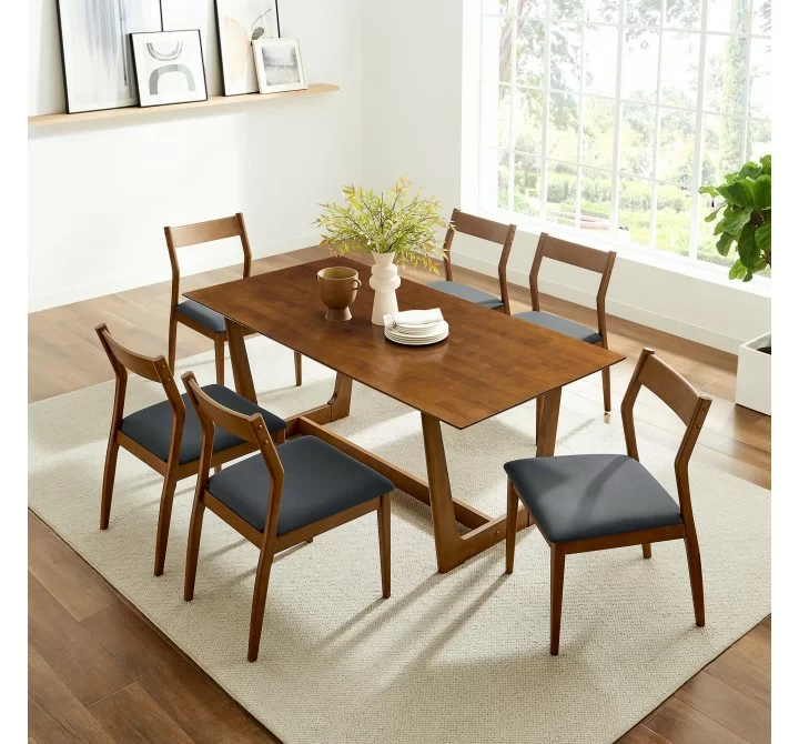 Modway Solara 7-Piece Wood Dining Set with Vegan Leather Side Chairs 1