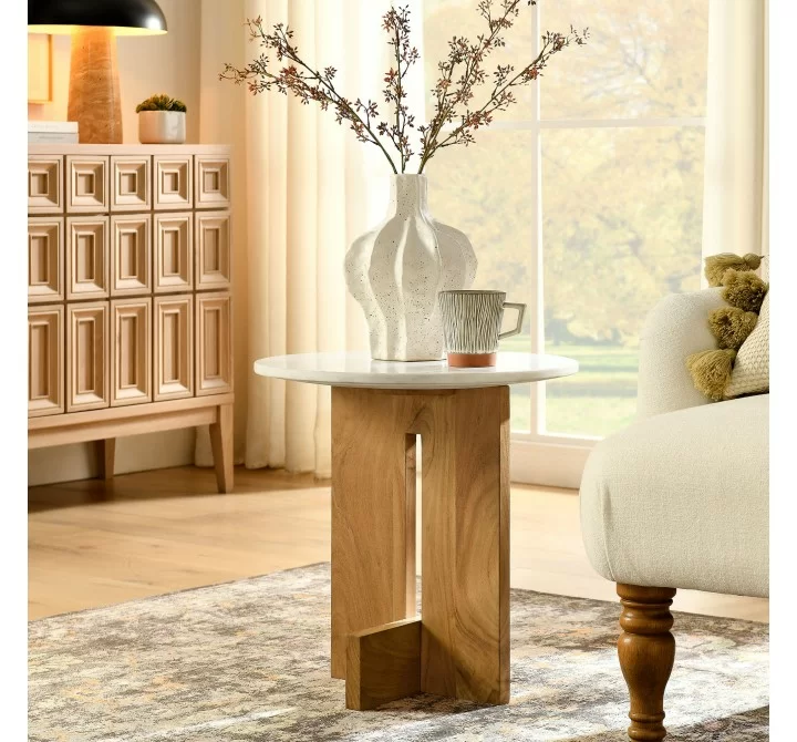 Modway Tarin Acacia Wood and Marble Side Table