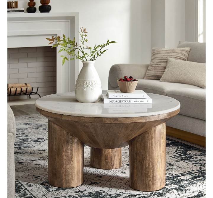 Modway Ellison 33" Round Wood Coffee Table With Marble Top 