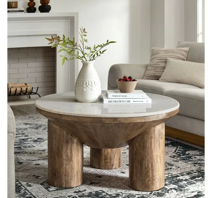 Modway Ellison 33" Round Wood Coffee Table With Marble Top 