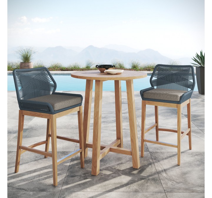 Modway Wellspring 3-Piece Outdoor Patio Teak Wood Bar Set Blue