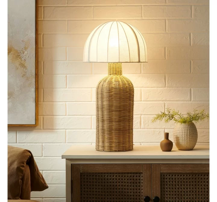 Modway Santo Rattan Table Lamp With Dome Shade On