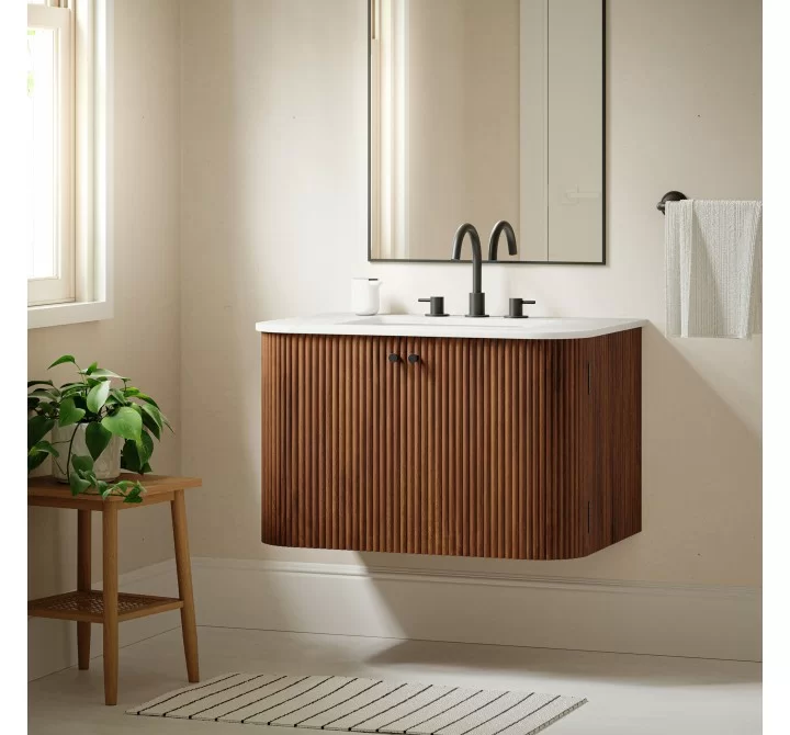 Modway Zia 30" Wall-Mount Bathroom Vanity with Marble Sink Walnut