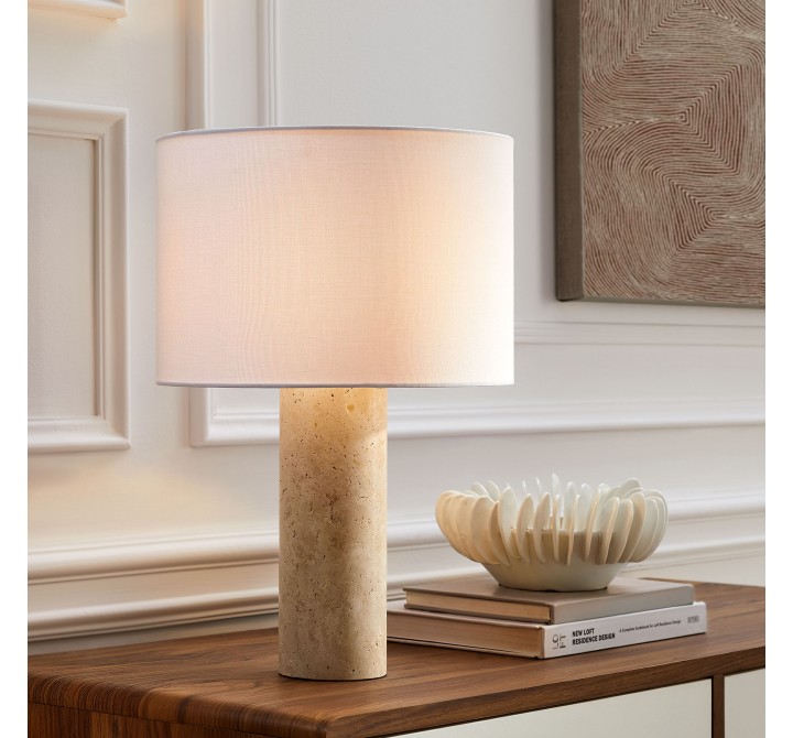 Modway Zenith Travertine Table Lamp With Fabric Drum Shade On