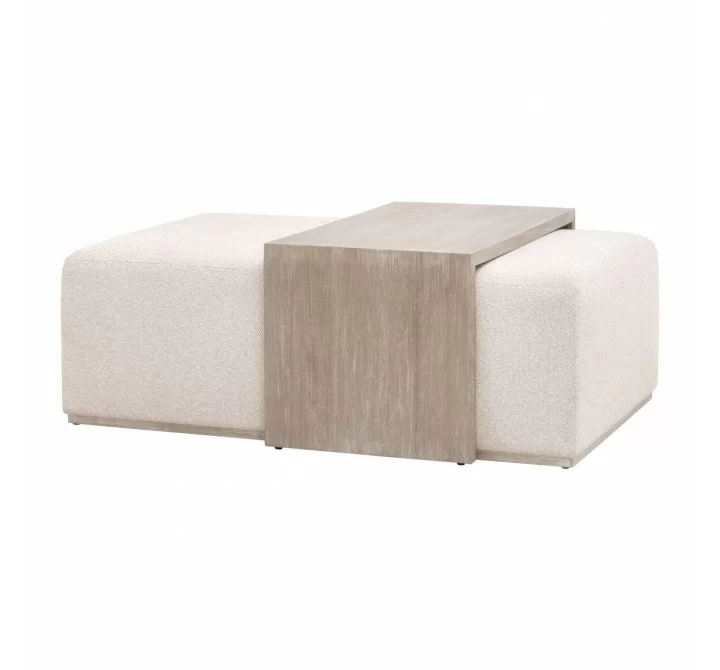 Essentials For Living Dovetail Upholstered Coffee Table in LiveSmart Gellar-Linen, Natural Gray Acacia - Front Side Angle