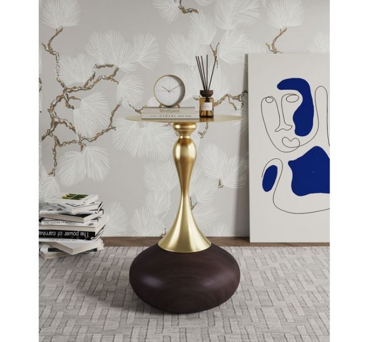 Manhattan Comfort Modern Patchin End Table with Round Metal Base in Brown Wood with Gold Tabletop