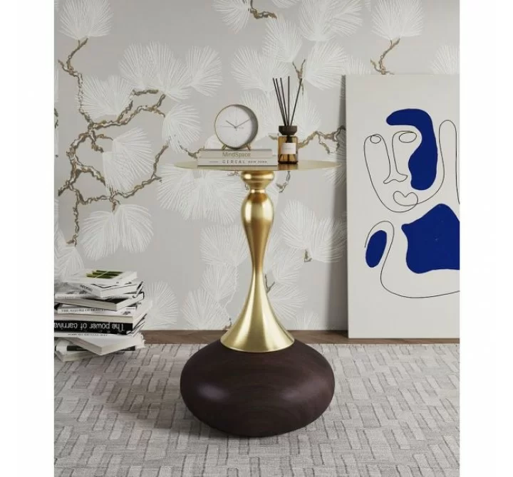 Manhattan Comfort Modern Patchin End Table with Round Metal Base in Brown Wood with Gold Tabletop