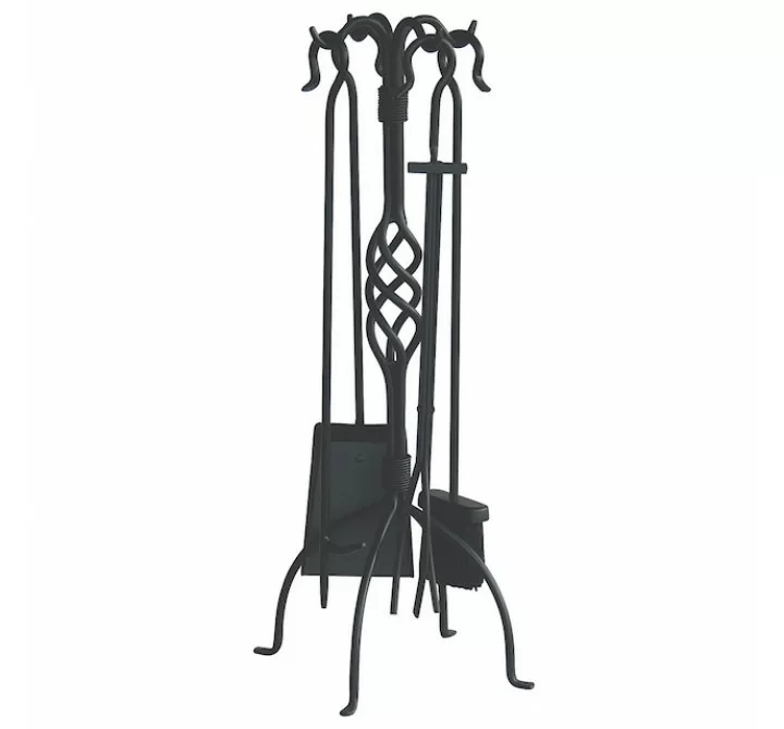 Mr. Bar-B-Q UniFlame® 5 Piece Black Wrought Iron Fireset with Center Weave with Crook Handles