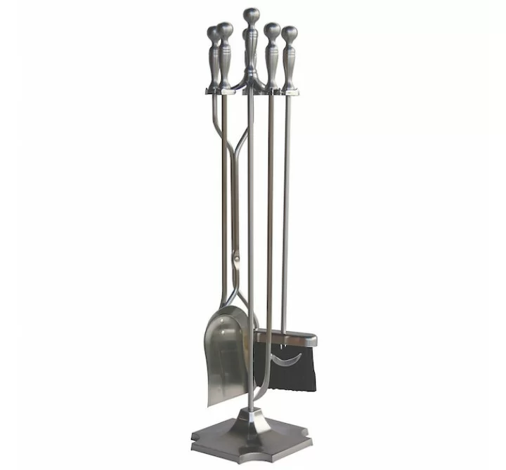 Mr. Bar-B-Q UniFlame® 5 Piece Satin Pewter Finish Fireset with Ball Handles and Pedestal Base
