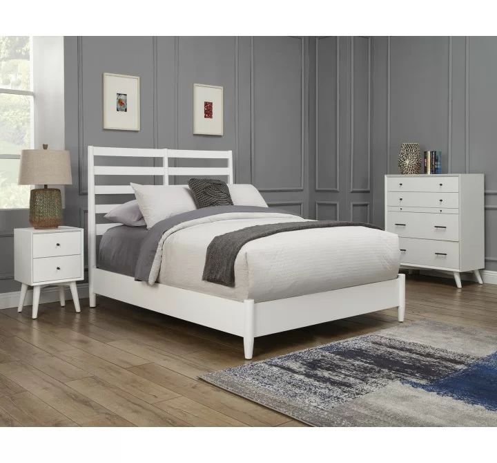 Alpine Furniture Flynn Retro Full Bed w/ Slat Back Headboard, White - Lifestyle