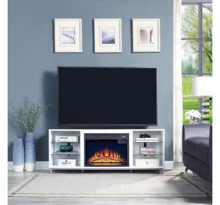 Manhattan Comfort Brighton 60" Fireplace with Glass Shelves and Media Wire Management in White