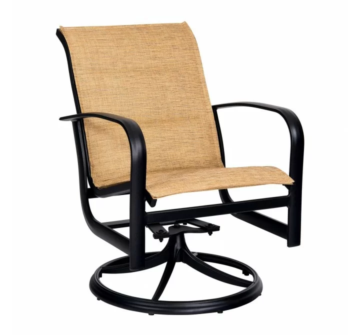 Woodard Fremont Padded Sling Swivel Rocking Dining Armchair - Angled