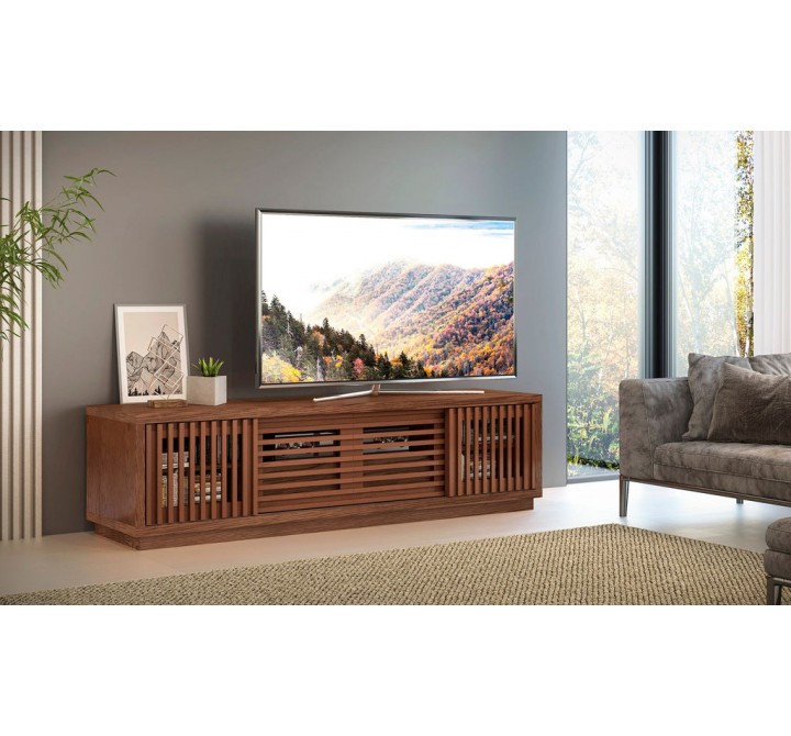 70" Contemporary Rustic TV Stand Media Console for Flat Screen and Audio Video Installations in American Red Oak with a Matte Cognac Finish - Lifestyle