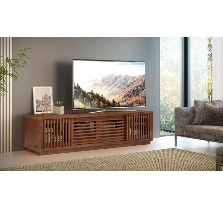 70" Contemporary Rustic TV Stand Media Console for Flat Screen and Audio Video Installations in American Red Oak with a Matte Cognac Finish - Lifestyle