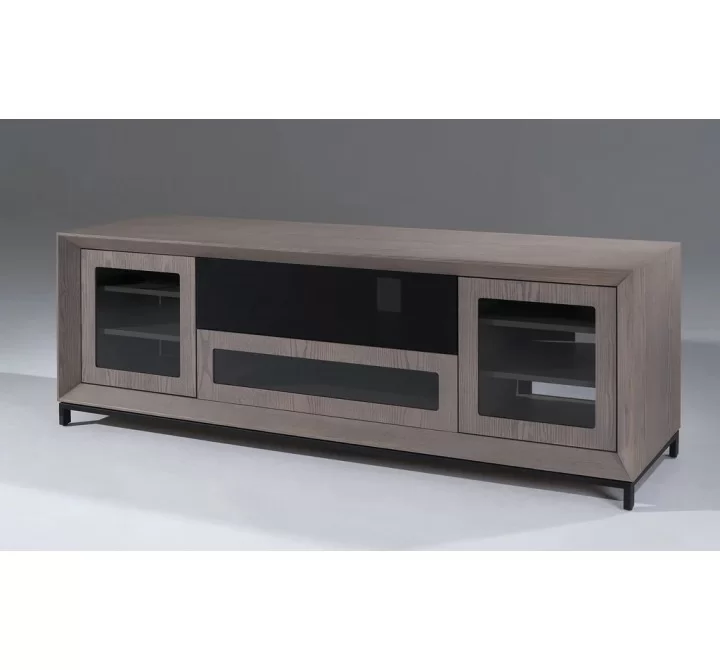 Furnitech 78" Contemporary TV Stand in American Walnut, Media Console for Flat Screen and Audio Video Installations Featuring Contoured Edge Detail with a Black Epoxy finished Steel Base and Levelers Angled Front