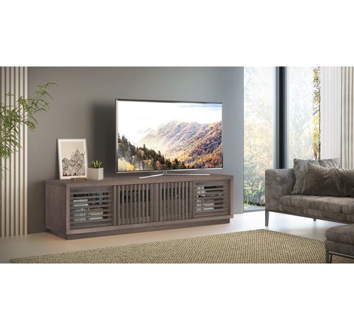 Furntech Signature 82" Contemporary Coastal Grey Rustic TV Stand Media Console in American Red Oak - Lifestyle