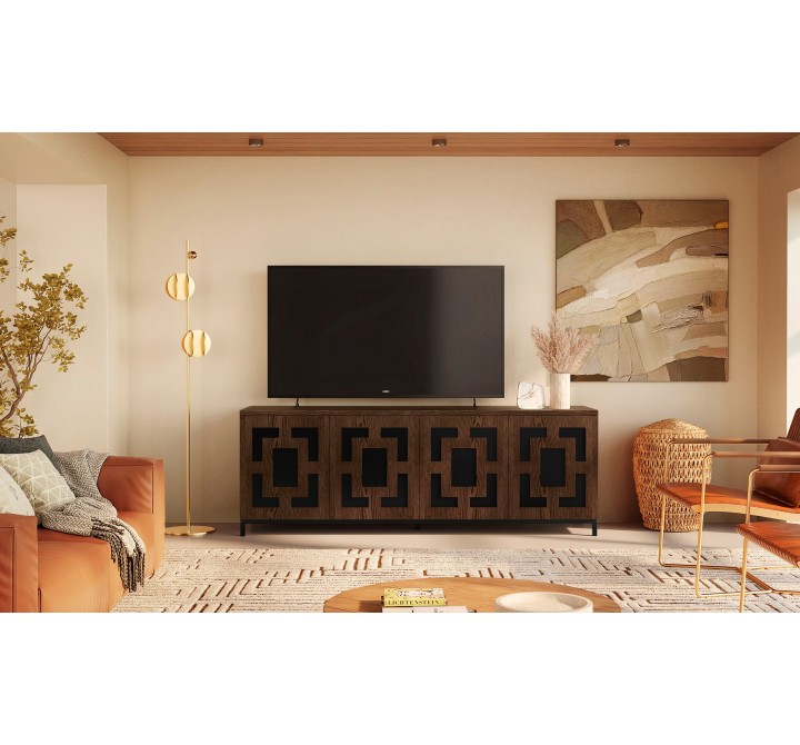 Furnitech Isabella 86" Chocolate Brown Oak Media Console Featuring A Greek Key - lifestyle