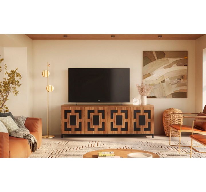 Furnitech Isabella 86" Walnut Media Console Featuring A Greek Key Pattern - lifestyle