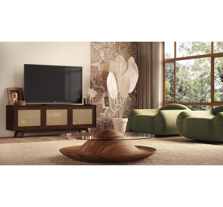 Furnitech Madelina 75" Mid-Century Modern Solid Pine Tvconsole/Sideboard With Cane Doors In A Walnut Finish - lifestyle