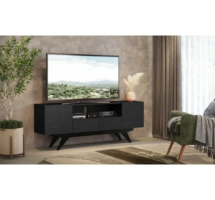 Furnitech Maxwell 78" Mid-Century Modern Oak Media Console With An Ebony Finish - lifestyle