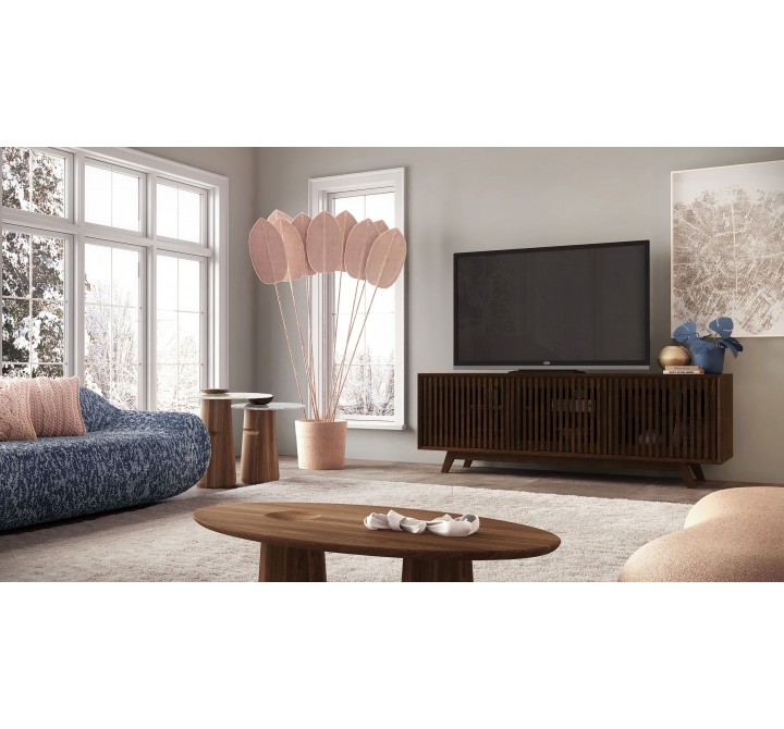 Furnitech Sophia 75" Mid-Century Modern Solid Pine Tvconsole/Sideboard With Slatted Doors In A Walnut Finish - lifestyle