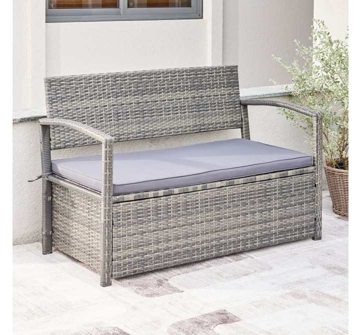 Vifah Gabrielle All-weather Resin Wicker Lounge Patio Sofa Storage Bench in Grey with Cushion, Front Angle