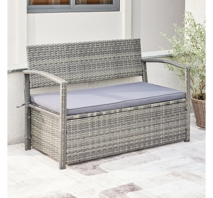 Vifah Gabrielle All-weather Resin Wicker Lounge Patio Sofa Storage Bench in Grey with Cushion, Front Angle
