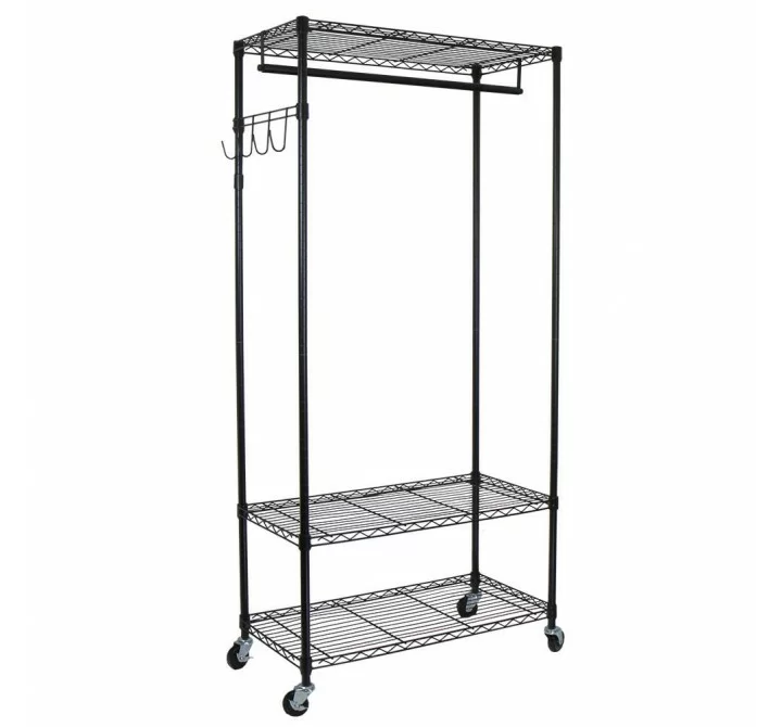 Garment Rack with Adjustable Shelves with Hooks - Black - Angled