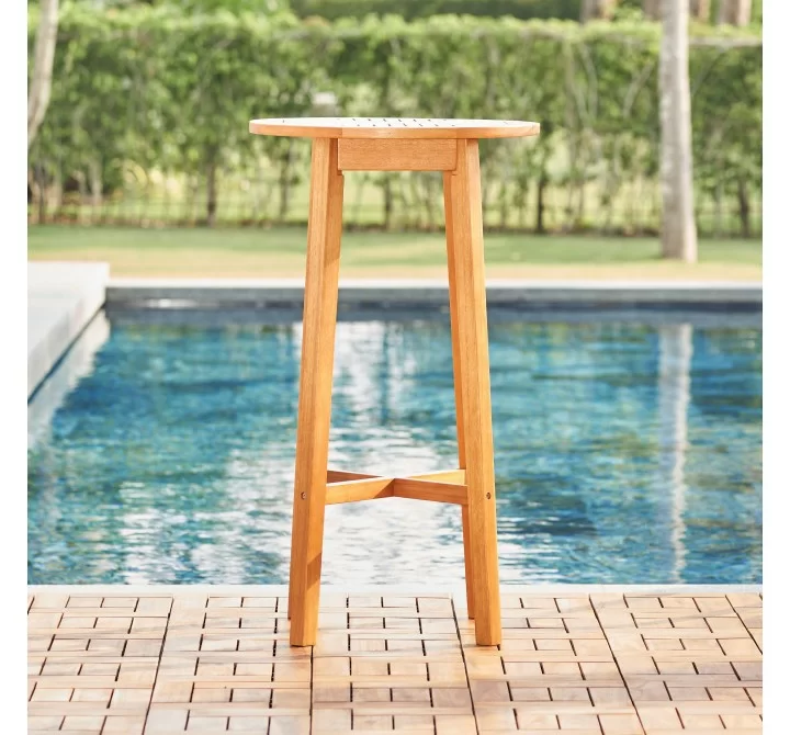 Vifah Kapalua Honey Eucalyptus Wooden Outdoor Bar Table, Front Angle