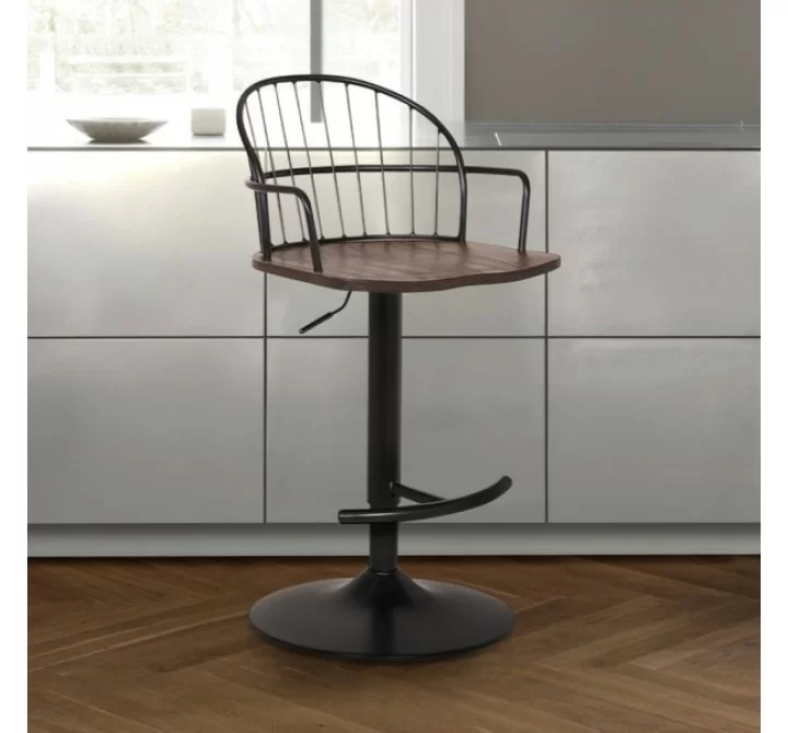 Armen Living Walnut Glazed Barstool in Black Powder Coated Finish