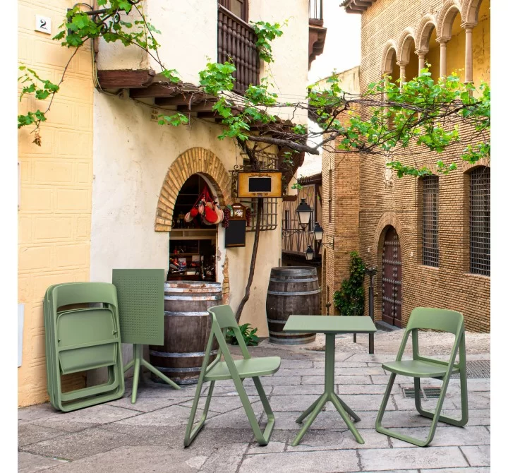 Dream Folding Outdoor Bistro Set with Olive Green Table and 2 Olive Green Chairs - Lifestyle