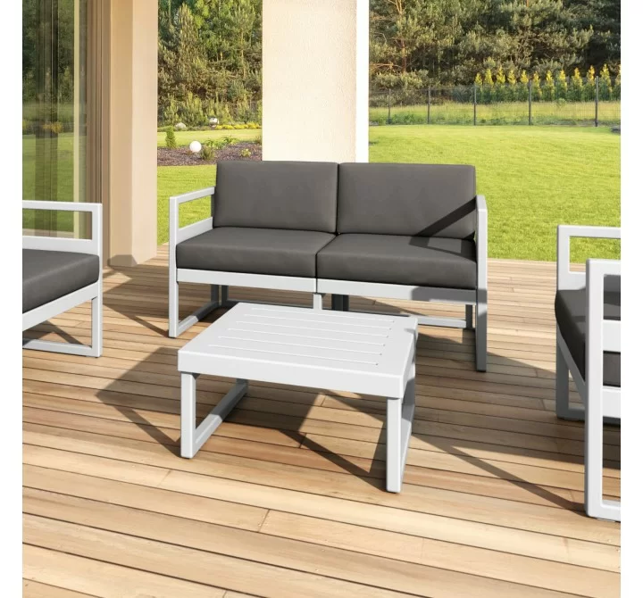 Compamia Mykonos Patio Loveseat Silver with Sunbrella Charcoal Cushion - Lifestyle