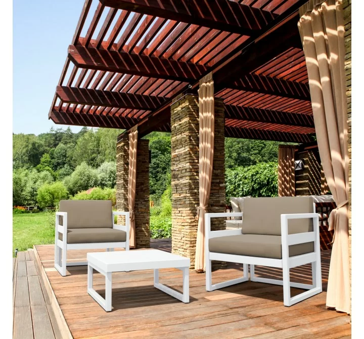 Mykonos Club Seating Set 3 piece White with Sunbrella Taupe Cushion - Lifestyle