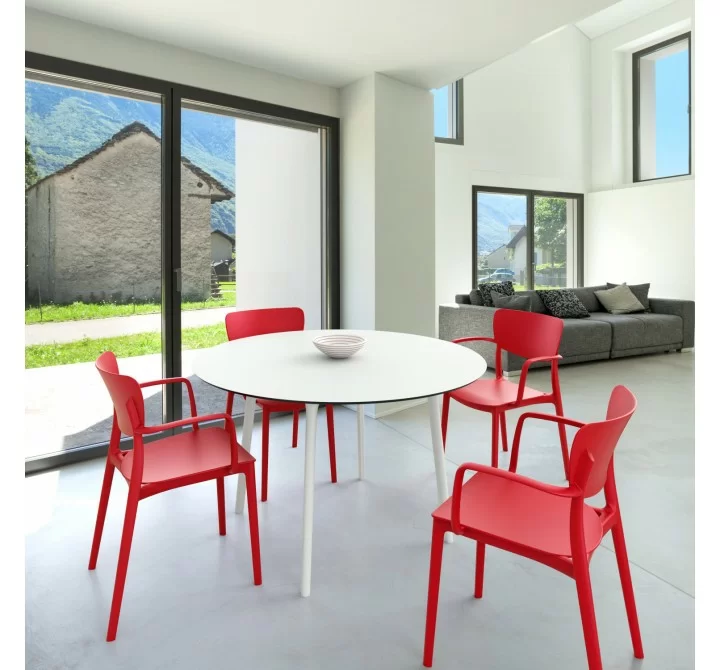 Lisa Round Dining Set with 47 inch White Table and Red Armcairs - Lifestyle