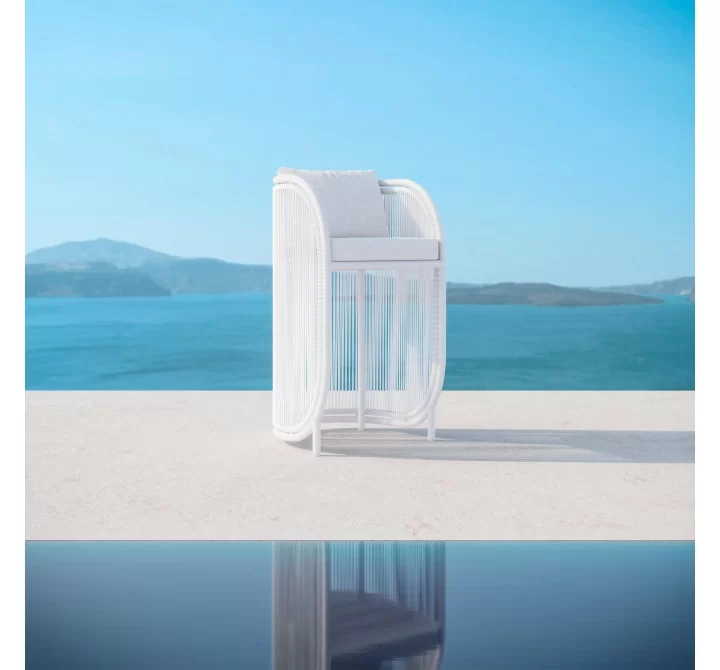 Azzurro Kamari Bar Stool With Matte White Aluminum Frame And White Mist All-Weather Texteline Rope - Lifestyle